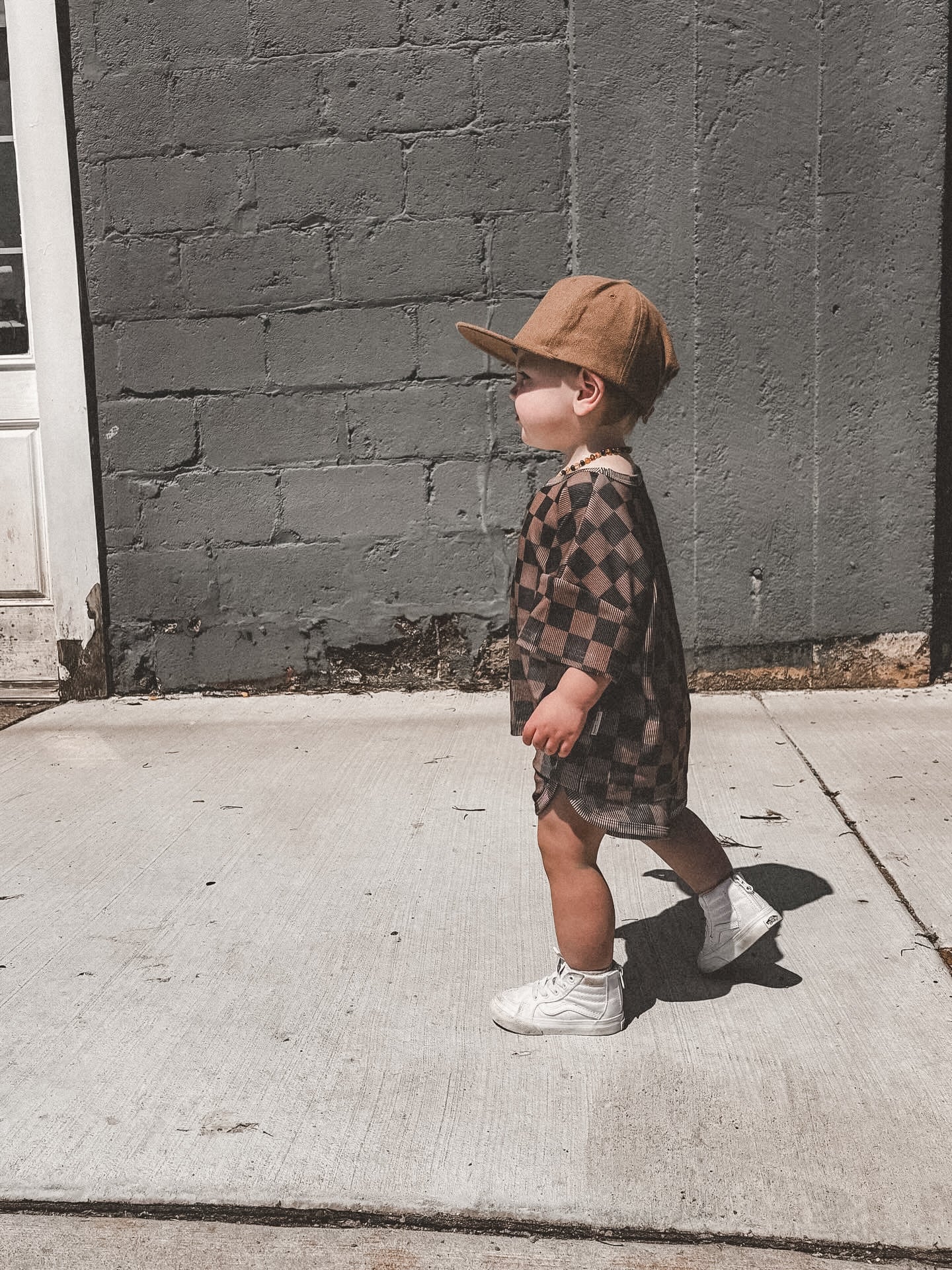 Ribbed Bamboo Track Short Set - Black x Brown Check