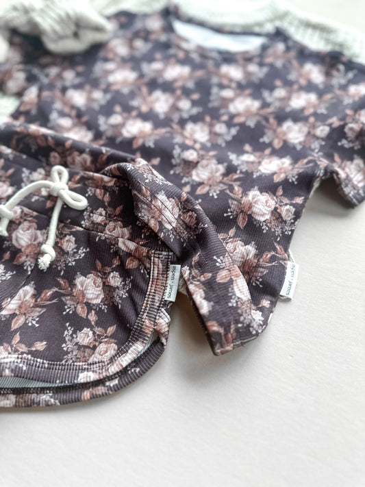 Ribbed Bamboo Track Short Set - Neutral Boho Floral