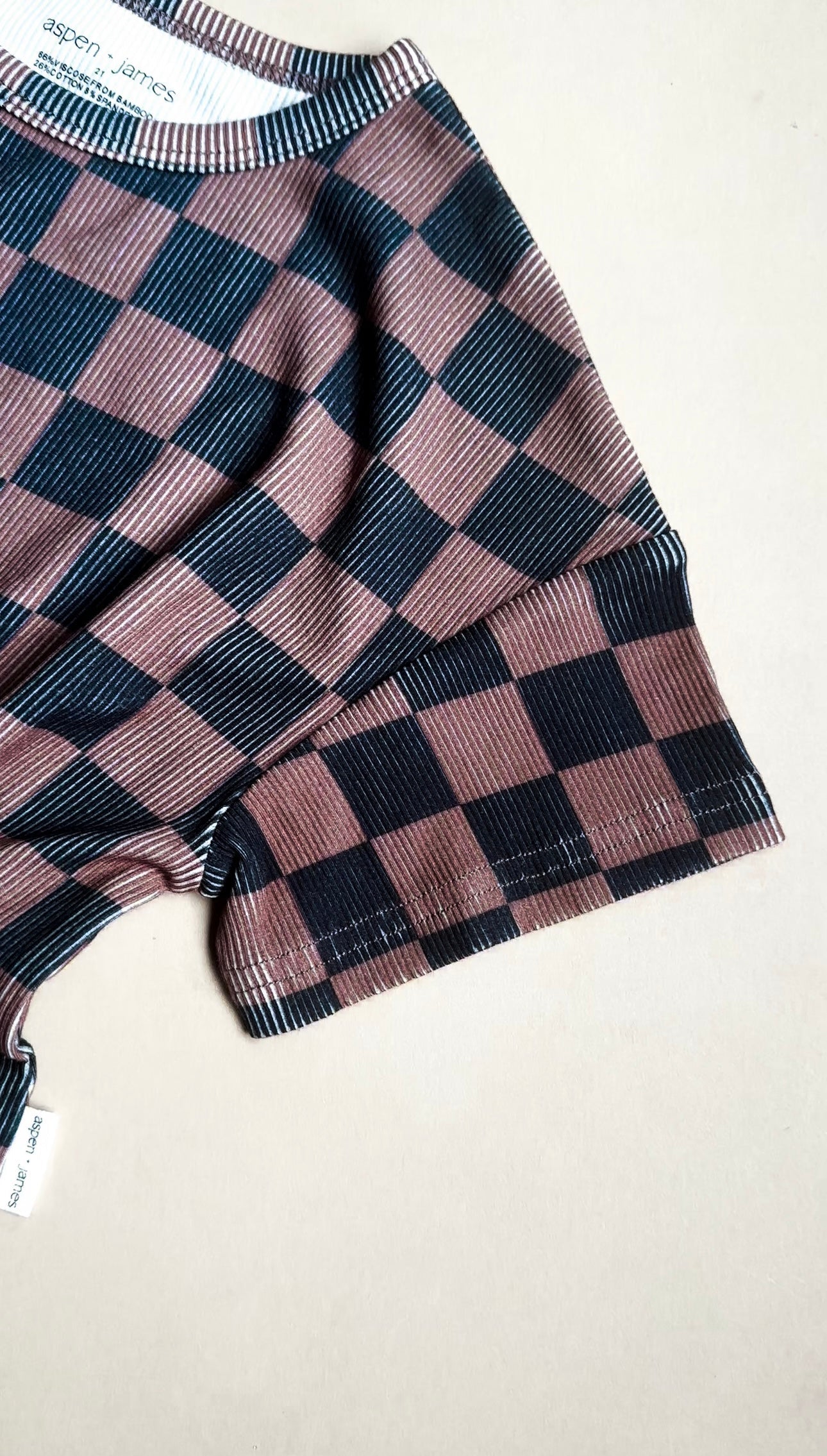 Ribbed Bamboo Track Short Set - Black x Brown Check