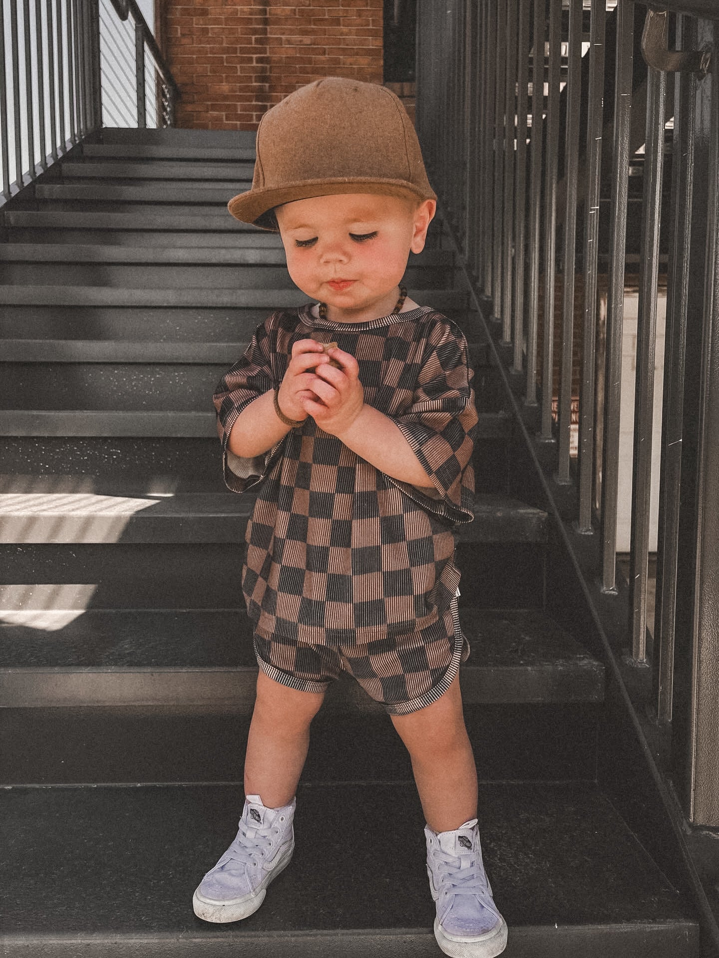 Ribbed Bamboo Track Short Set - Black x Brown Check