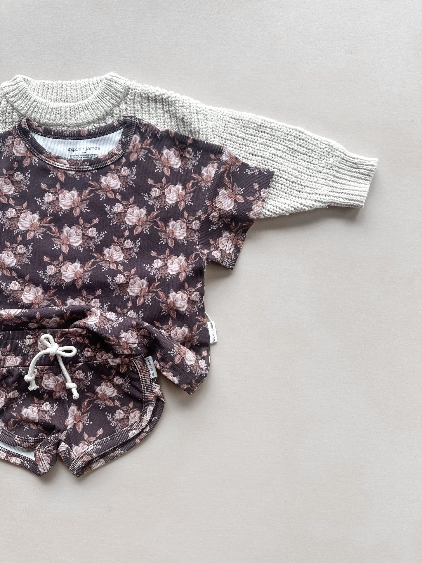 Ribbed Bamboo Track Short Set - Neutral Boho Floral