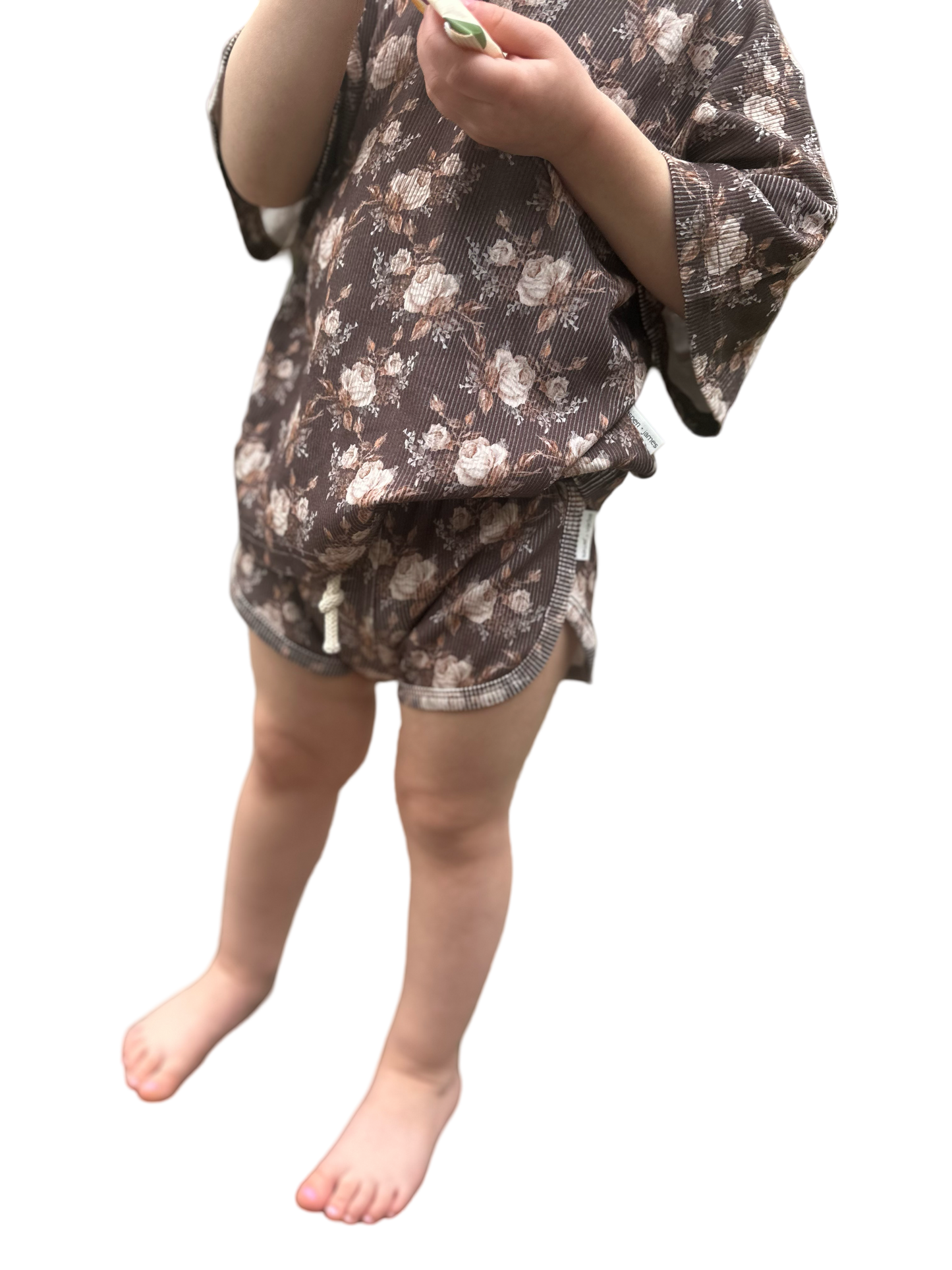 Ribbed Bamboo Track Short Set - Neutral Boho Floral