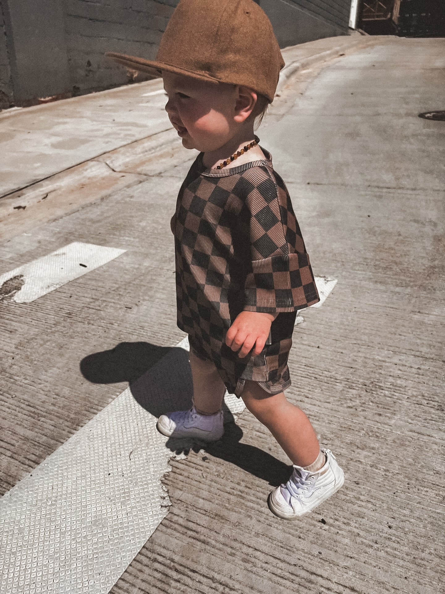 Ribbed Bamboo Track Short Set - Black x Brown Check