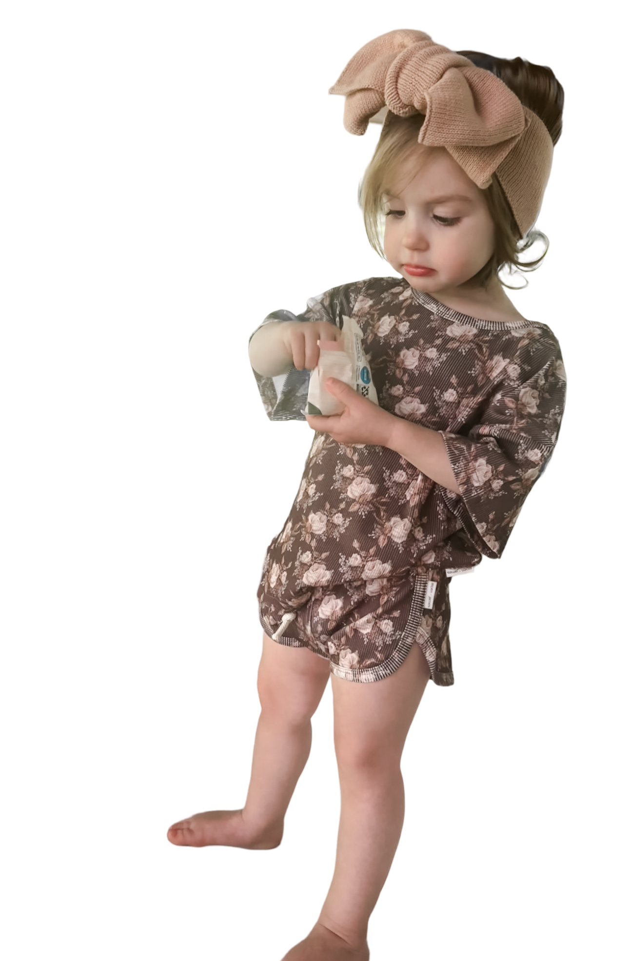 Ribbed Bamboo Track Short Set - Neutral Boho Floral