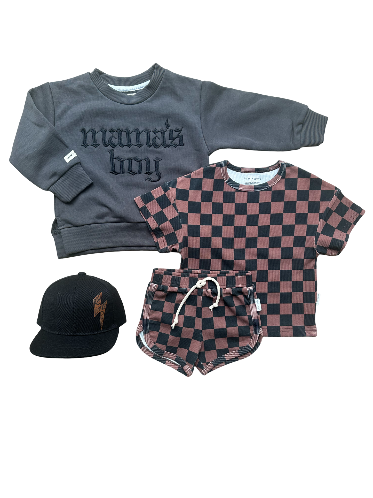 Ribbed Bamboo Track Short Set - Black x Brown Check