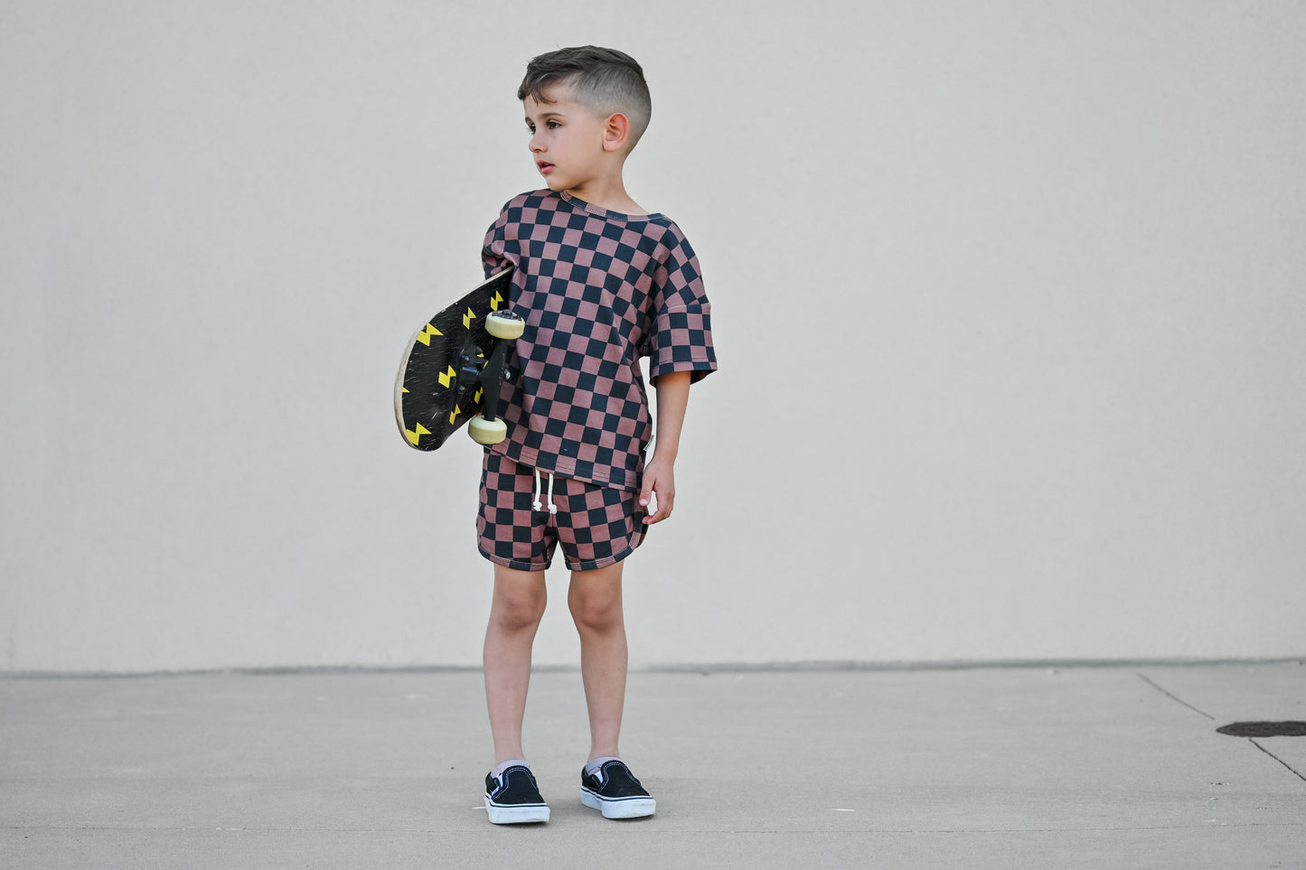 Ribbed Bamboo Track Short Set - Black x Brown Check