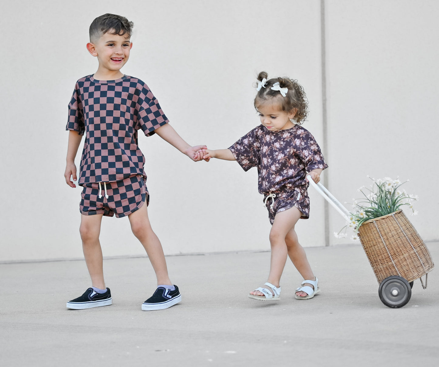 Ribbed Bamboo Track Short Set - Black x Brown Check