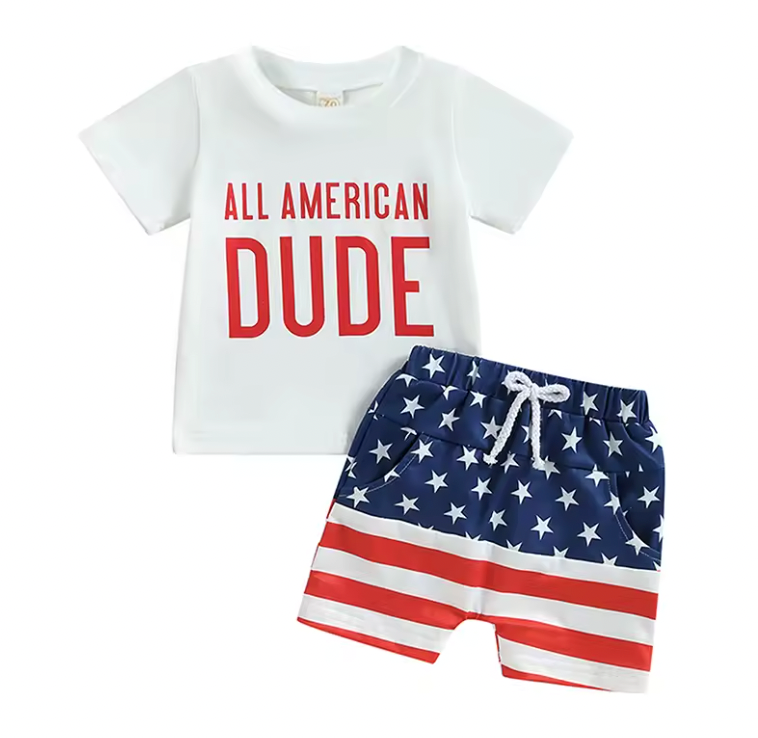 All American Dude White Tee Flag Short Set-PreOrder