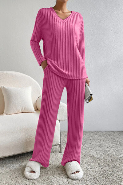 Ribbed V-Neck Lounge Set