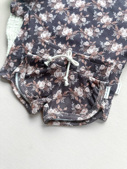 Ribbed Bamboo Track Short Set - Neutral Boho Floral