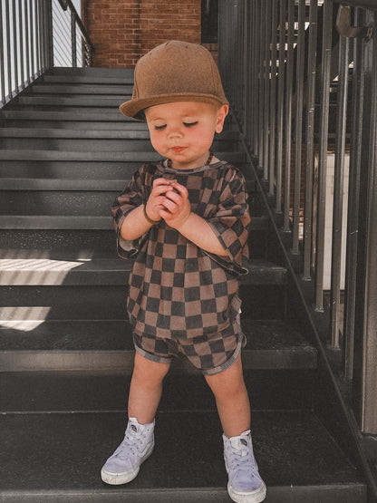 Ribbed Bamboo Track Short Set - Black x Brown Check