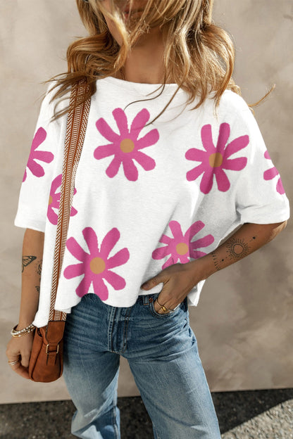 Flower Round Neck Half Sleeve Top