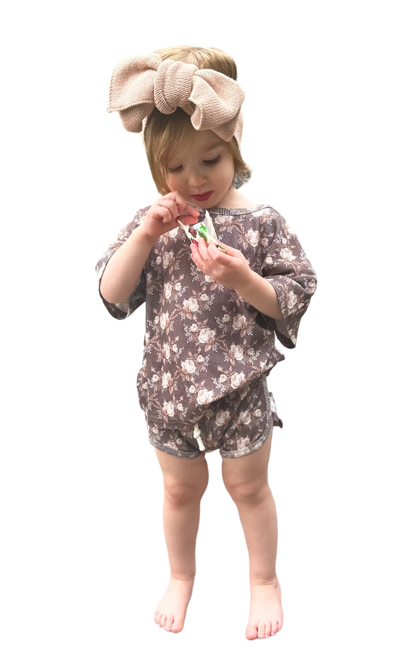 Ribbed Bamboo Track Short Set - Neutral Boho Floral