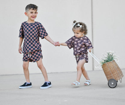 Ribbed Bamboo Track Short Set - Black x Brown Check