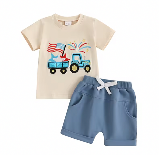 Blue Embroidered Firework Tractor Short Set-PreOrder
