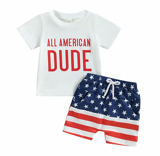 All American Dude White Tee Flag Short Set-PreOrder