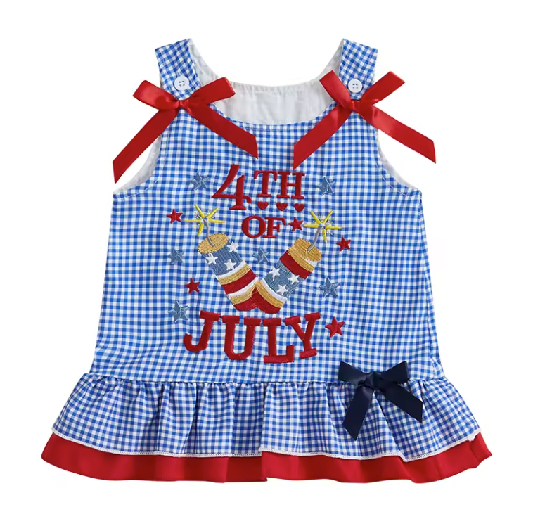 Fourth Blue Gingham Embroidered Dress-PreOrder