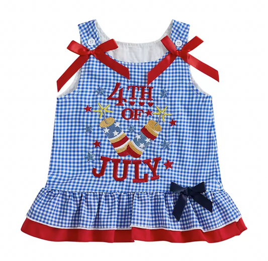 Fourth Blue Gingham Embroidered Dress-PreOrder