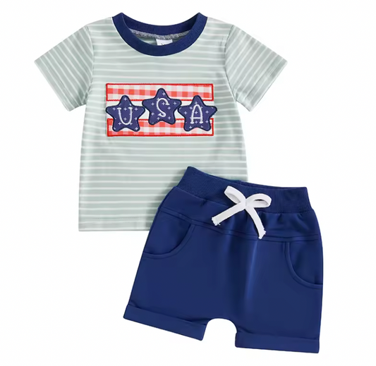 USA Bubble Stars Embroidered Striped Short Set