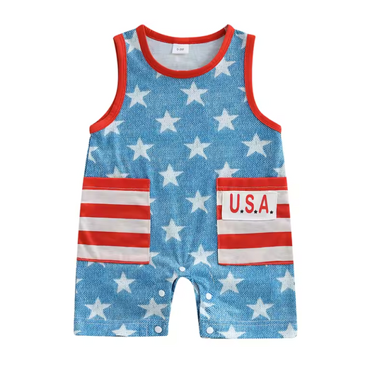 Blue Red Trim USA Pocket Tank Romper-PreOrder