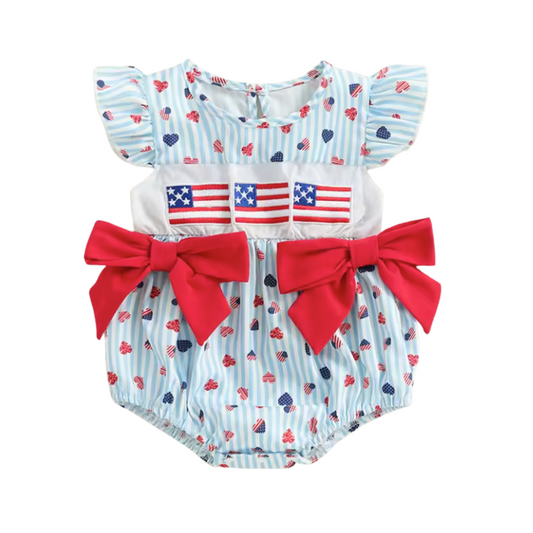 Embroidered USA Heart and Bow Smocked Romper-PreOrder