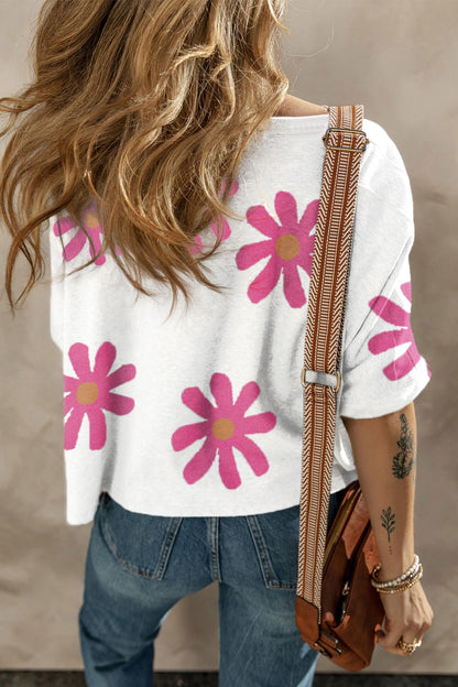 Flower Round Neck Half Sleeve Top