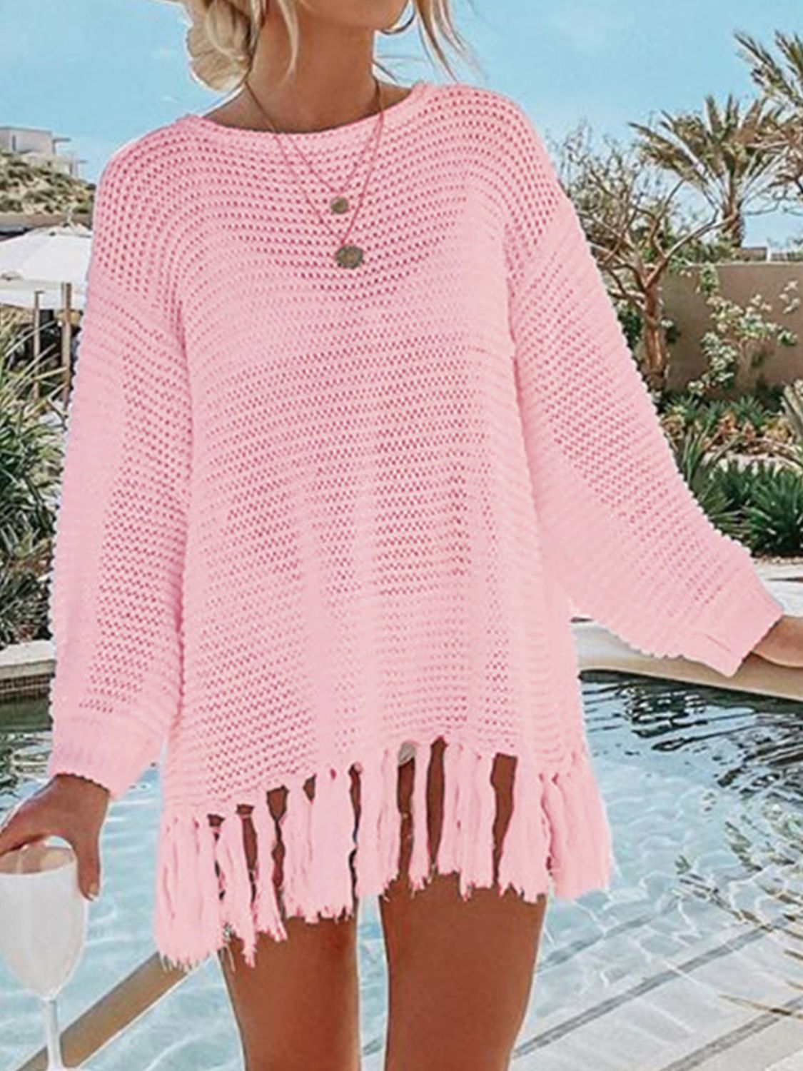 Openwork Tassel Knit Cover Up